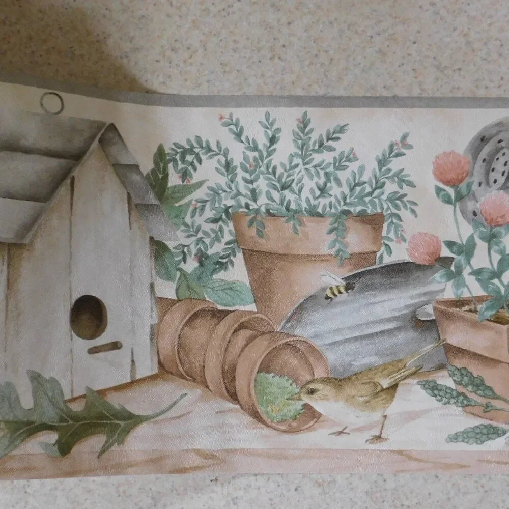 VTG Cottagecore Wallpaper Border Flower Pots‎ Bird Feeder Birds 15 Yards